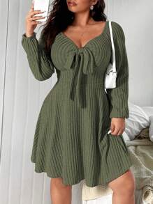 Flirla Rib Knit Print Tie Front Long Sleeve Dress, Plus Size - Army Green - View 7