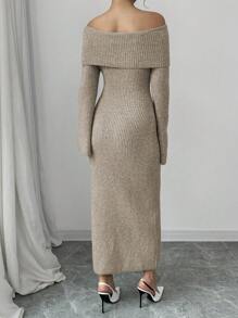 Elenzga Women Off Shoulder Solid Color Sweater Dress, Elegant For Autumn/Winter Fall Cloth For Women - Khaki - View 2
