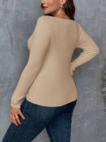 SHEIN Clasi Plus Size Women Apricot V-Neck Long Sleeve Basic Sweater, Pullover For Autumn And Winter