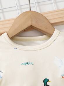 Bộ 2 món/Bộ đồ ngủ in họa tiết động vật cổ tròn tay dài dễ thương thoải mái cho bé trai và quần dài in họa tiết toàn thân, vừa vặn - Màu be - Xem 5