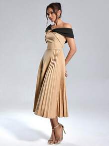 SHEIN Belle Vestido de fiesta elegante de mujer con bloque de colores, cuello asimétrico, cintura fruncida, para verano, semi formal, para fiesta de graduación, boda, invitados