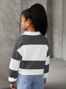 SHEIN Tween Girls Loose Casual Contrast Color Splice Shirt Collar Letter Print Cropped Long Sleeve Sweatshirt