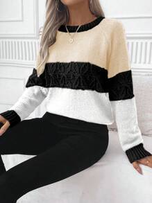 SHEIN LUNE Suéter holgado de punto casual con cuello redondo y mangas raglán de color contrastante, suéter de punto de otoño/invierno - Multicolor - Ver 5
