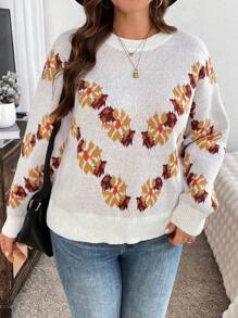 SHEIN LUNE Plus Size Women's Warm Comfortable Casual Western Style Floral Maple Leaf Autumn Pattern Jacquard Round Neck Pullover Autumn Winter Sweaterbusiness Casual Woman,Holiday Outfits,Country Tops