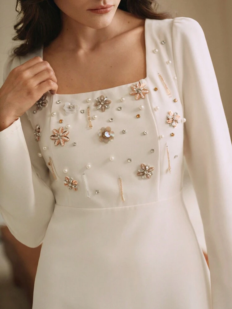 Stylish French Design Riveted Rhinestone Decor Unique Chic Sense Nobility Elegant Square Neck Dress