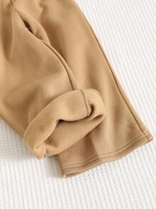 2 件装年轻男孩休闲舒适保暖内衬宽松压花圆领长袖运动衫和开叉长裤套装，适合外出、上学、日常聚会、秋冬季 - 棕色 - 查看 3