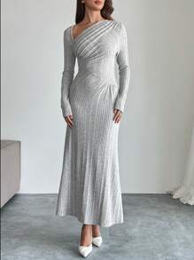 SHEIN Privé Women Elegant Warm Asymmetrical Ruffled Collar And Hem Textured Knit Long Dress ,Solid Color  Casual For Everyday Wear,Autumn&Winter