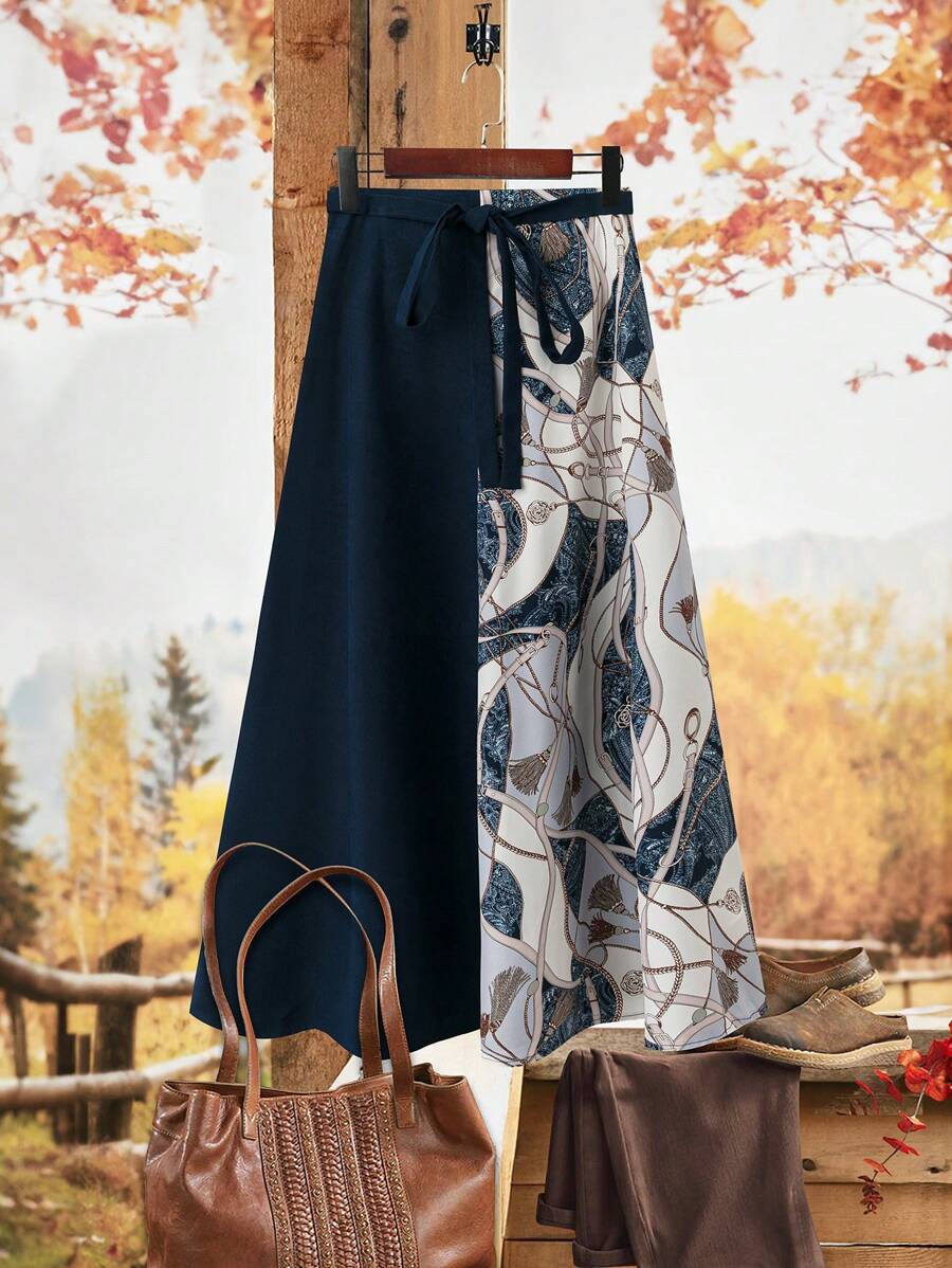 SHEIN LUNE Plus Size Women Woven Patchwork Printed Casual Skirt, Suitable For Autumn/Winter, Christmas, Halloween, New Year Celebration Maxi Fall Cloth For Women - Multicolor - View 1
