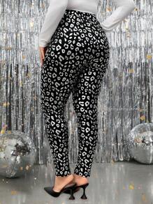 SHEIN Clasi 大码女式亮片和银箔装饰侧袋 3/4 紧身裤 - 黑色 - 查看 2