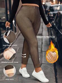 SHEIN LUNE Plus Size Autumn/Winter Casual Double Layer Thermal Lined Leggings Fall Cloth For Women - Black - View 1