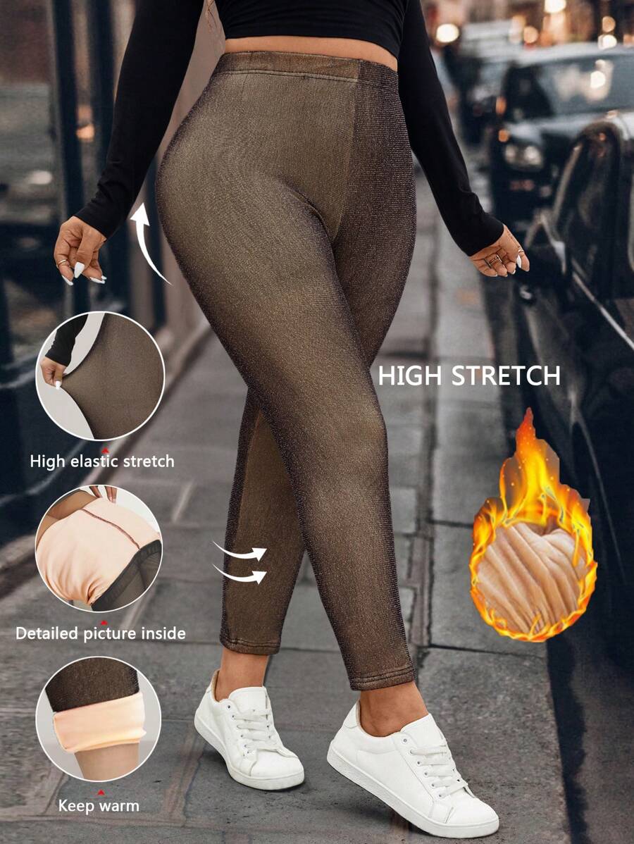 SHEIN LUNE Plus Size Autumn/Winter Casual Double Layer Thermal Lined Leggings Fall Cloth For Women - Black - View 1
