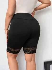 SHEIN Privé Plus Contrast Lace Hem Cycling Shorts - Black - View 2