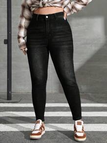 SHEIN EZwear 大码女式口袋紧身休闲弹力牛仔裤 - 黑色 - 查看 1