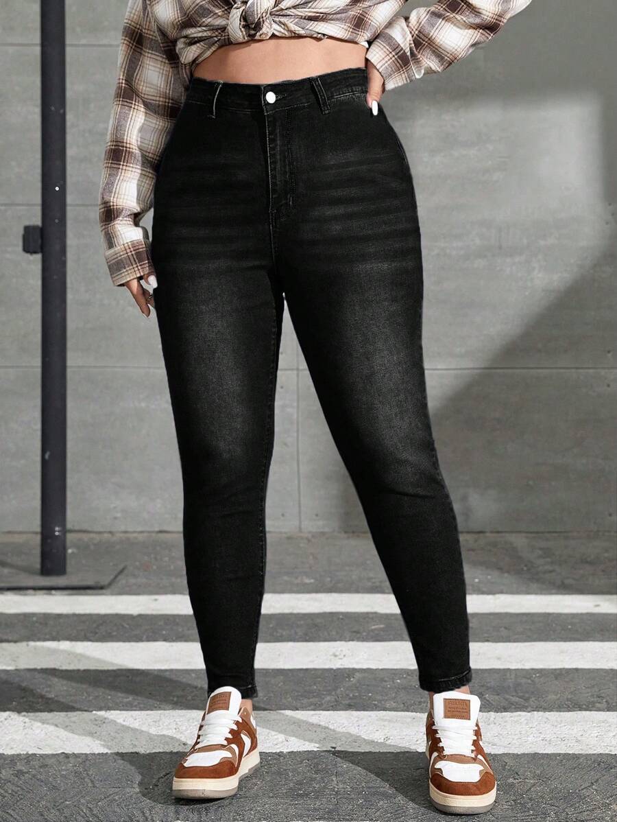 SHEIN EZwear 大码女式口袋紧身休闲弹力牛仔裤 - 黑色 - 查看 1