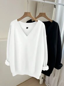 SHEIN LUNE 2pcs/Set Plus Size V-Neck Loose Thermal Lined Warm Sweatshirts, Fit For Autumn/Winter - Multicolor - View 1