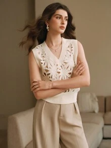 Anewsta Elegant Luxury Vacation V-Neck Openwork Beaded Loose Knit Sweater Top, Christmas & New Year For Women - White - View 7