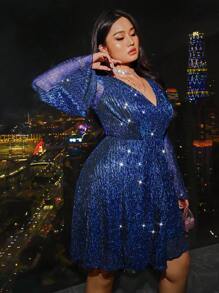 SHEIN Privé Plus Size Women Sparkly Shimmery Purple A-Line Bell Sleeve Short Dress - Blue - View 4