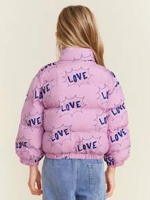 SHEIN Young Girl Purple Casual Letter Print Stand Collar Front Zipper Thick Long Sleeve Loose Padded Coat, Autumn/Winter - Beige - View 2
