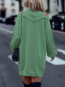 SHEIN LUNE Đầm len dệt kim hở vai cổ đứng màu trơn đơn giản, phù hợp cho mùa thu đông - màu xanh lá - Xem 2