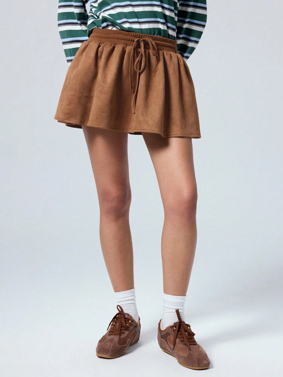 LYSMO Women Solid Color Minimalist Drawstring Waist Short Faux Suede Skirt, Casual