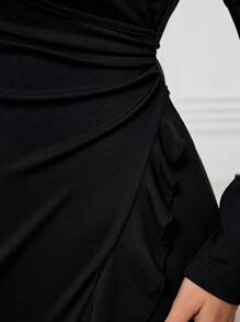 SHEIN Clasi 大码女式纯色 V 领长袖荷叶边拼接优雅连衣裙，秋季 - 黑色 - 查看 5