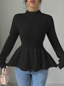 Chiquease 女士优雅纯色立领喇叭下摆套头针织毛衣，秋冬款 - 黑色 - 查看 4