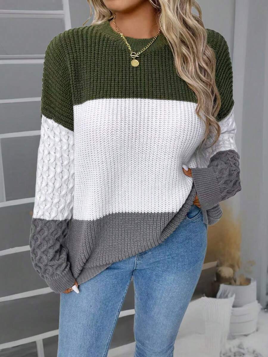 SHEIN LUNE Plus Size Women Colorblock Crew Neck Knit Sweater Top, Versatile Knit Pullover Fall Winter - Multicolor - View 1