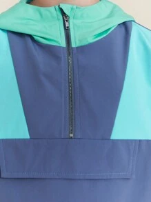 SHEIN Tween Boy 双色拉链连帽夹克，休闲宽松长袖，秋冬 - 藍色 - 查看 3