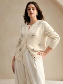 Anewsta Heavily Hand-Embroidered Diamond Decor Plus Size Open-Front Knitted Cardigan
