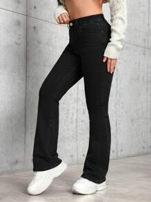 SHEIN PETITE Women's Casual Flared Jeans With Pockets Y2k - Black - View 4