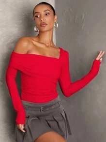 SHEIN BAE Women's Spring/Autumn Casual White Solid Color Asymmetrical Neck Ruched Long Sleeve Bodysuit/T-Shirt - Red - View 3