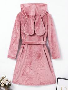 SHEIN Pink Minimalist Extended Length Cute & Quirky Ear Design Fireproof Thick Fleece Robe With Drawstring & Pockets, Suitable For Late Autumn/Winter, For Teen Girls