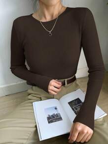 DAZY كنزة صوفية كاجوال بياقة دائرية وأكمام طويلة من الصوف الأحادي اللون، مناسبة للعمل، للخريف والشتاء، ملابس نسائية - قهوة بني - مشاهدة 5