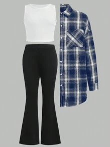 SHEIN 青少年女孩休闲格子长袖衬衫 + 无袖上衣 + 喇叭裤 3 件套服装 - 藏蓝色 - 查看 1