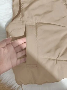 Comfortcana 女士纯色前拉链短款休闲加垫背心，冬季 - 卡其色 - 查看 3