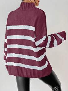 SHEIN Unity Casual Colorblock Striped Dropped Shoulder Knitted Sweater, Autumn/Winter For New Year Fall - Red - View 3