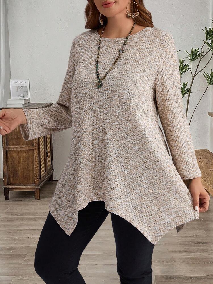 Plus Size Going Out Tops Plain Round Neck Asymmetric Hem Casual Long Sleeve T-Shirt,Winter Clothes For Women