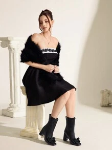 CUCCOO CHICEST Square Toe Platform Bowknot Mid-Calf Boots For Women For Christmas And New Year Holiday Valentines - Black - View 2