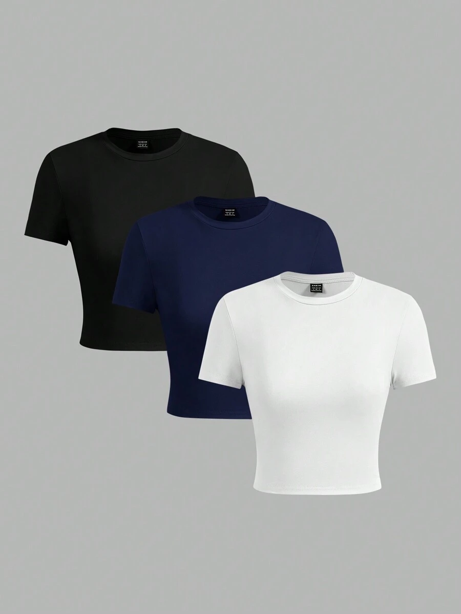 SHEIN EZwear 3 件套休闲简约圆领短袖短款修身 T 恤女士适合夏季 - 彩色 - 查看 1