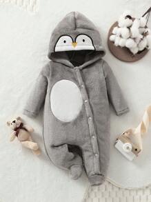 SHEIN 1 pieza Mono de manga larga con capucha con bordado de pingüino elegante y lindo para niños pequeños - Gris - Ver 6