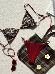 Swim Vcay 2pcs Leopard Print Bikini Set, Sexy Spaghetti Strap Top And High Cut Bottoms - Multicolor - View 1