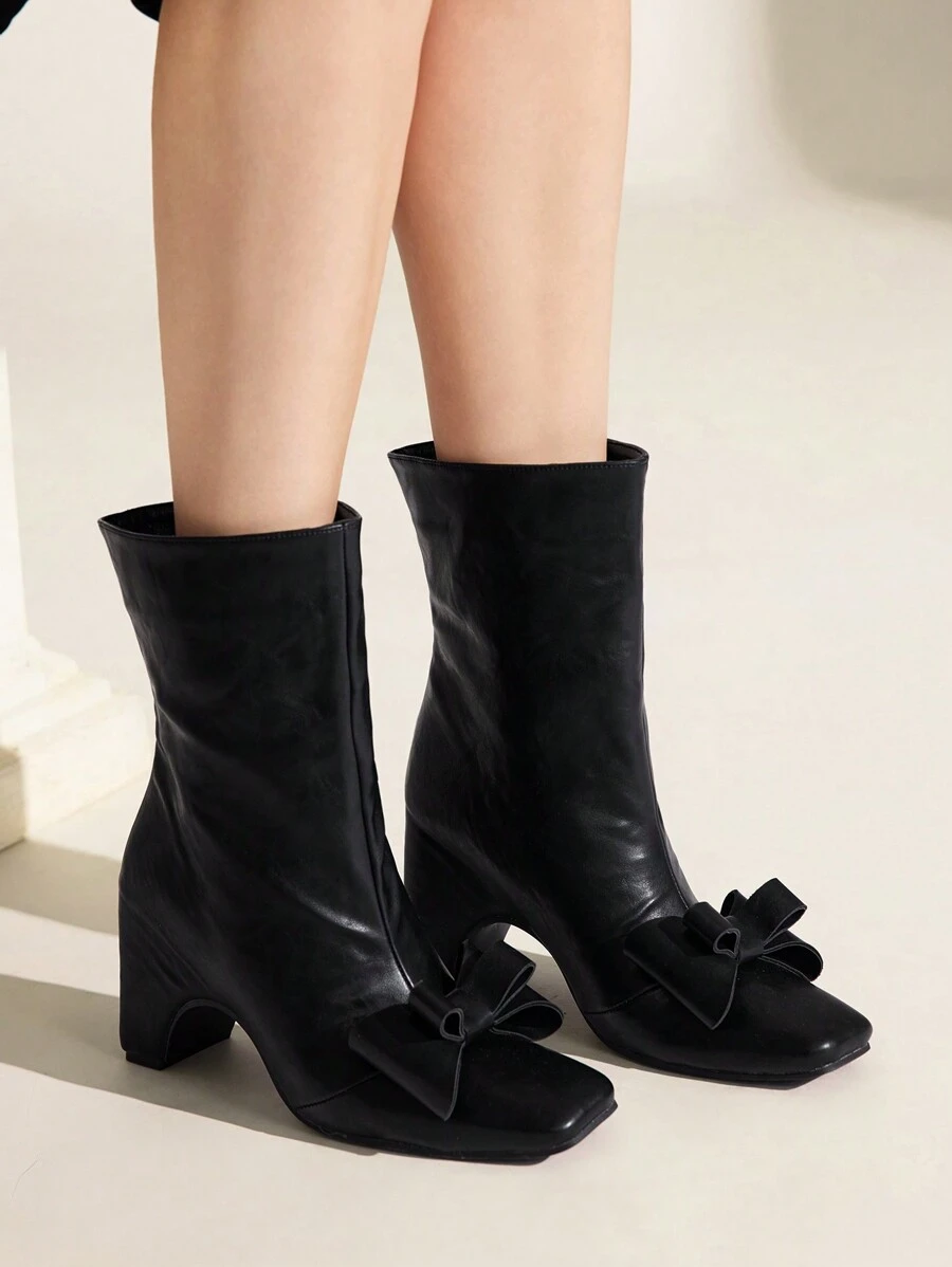 CUCCOO CHICEST Square Toe Platform Bowknot Mid-Calf Boots For Women For Christmas And New Year Holiday Valentines - Black - View 1