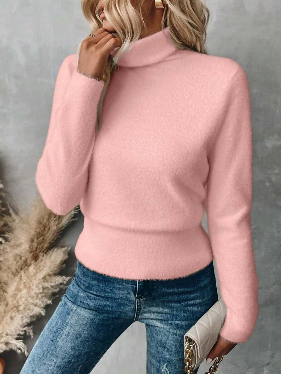 SHEIN LUNE 女士纯色高领长袖休闲套头毛衣，秋冬针织套头衫 - 粉色 - 查看 1