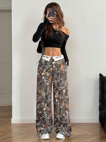 SHEIN EZwear Quần ống đứng họa tiết caro màu Y2K thu/đông cho nữ - xanh quân đội - Xem 4