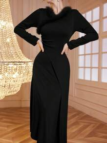 Modelyn 1 件女式纹理毛绒边优雅长裙，秋冬季长款女装 - 黑色 - 查看 7