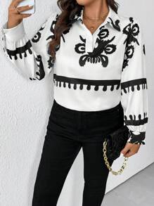 SHEIN LUNE Áo thun polo tay dài in hoa cỡ lớn cho nữ mùa thu - Nhiều màu - Xem 5