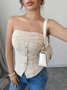 Elenzga Áo hai dây không tay thanh lịch bằng vải tuýt dệt kim cài nút 1 chiếc - Màu vàng - Xem 2