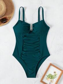 SHEIN Swim Bộ bikini một mảnh ôm sát, dây đeo dày có thể điều chỉnh, hình chữ U, trang trí kim loại, màu xanh lục bảo, dành cho nữ, mùa Xuân/Hè 2026. - Màu xanh ngọc - Xem 8
