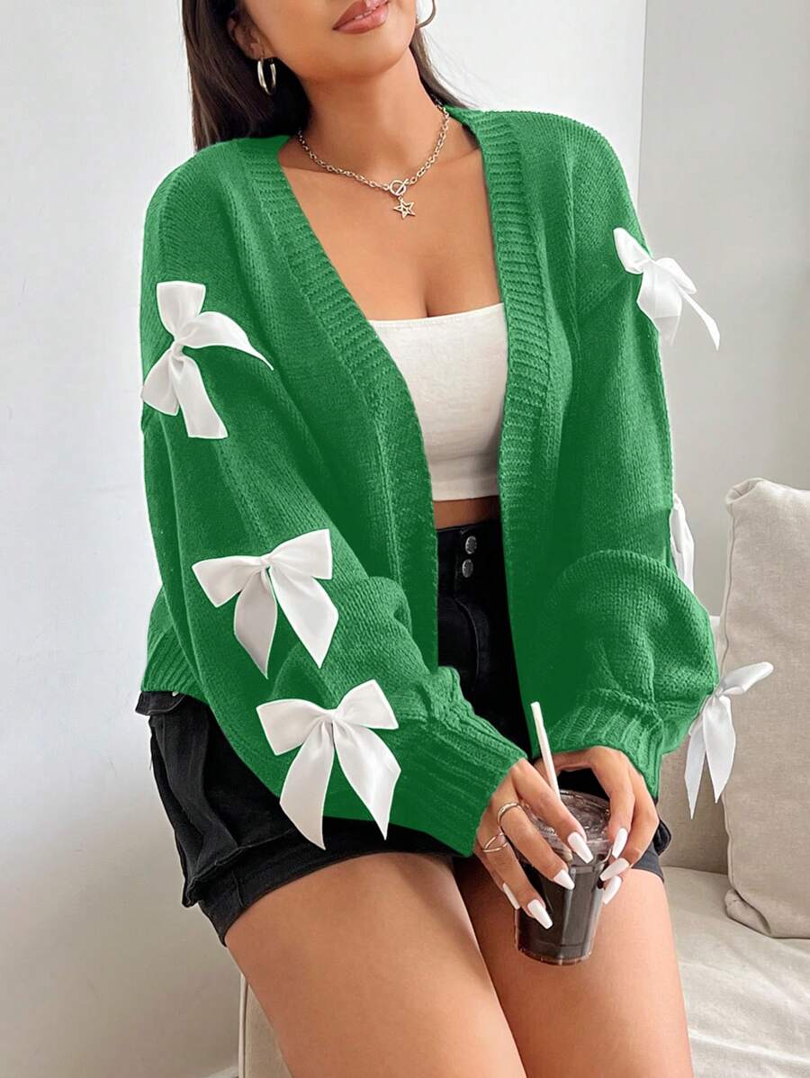 SHEIN EZwear 大码女式秋季毛衣、保暖、派对、假日、百搭休闲开衫,带蝴蝶结设计,适合校园、户外、室内、日常穿着、早午餐、下午茶、黑白色、长袖、秋冬季 - 綠色 - 查看 1
