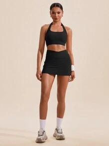 VARSITIE Solid Color Halter-Neck Casual Top And Bottom Women Sports Sets - Black - View 6